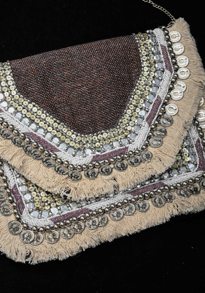 Brown Banjara Boho Sling Bag Geometric Embroidery with Coins Detailing and Tassels