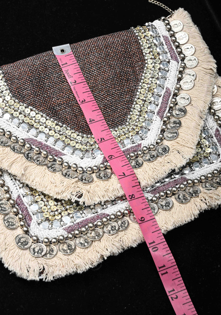 Brown Banjara Boho Sling Bag Geometric Embroidery with Coins Detailing and Tassels