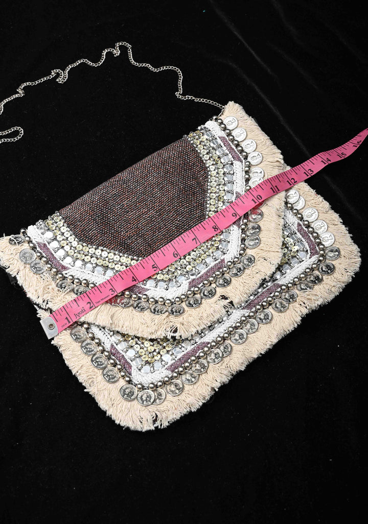 Brown Banjara Boho Sling Bag Geometric Embroidery with Coins Detailing and Tassels