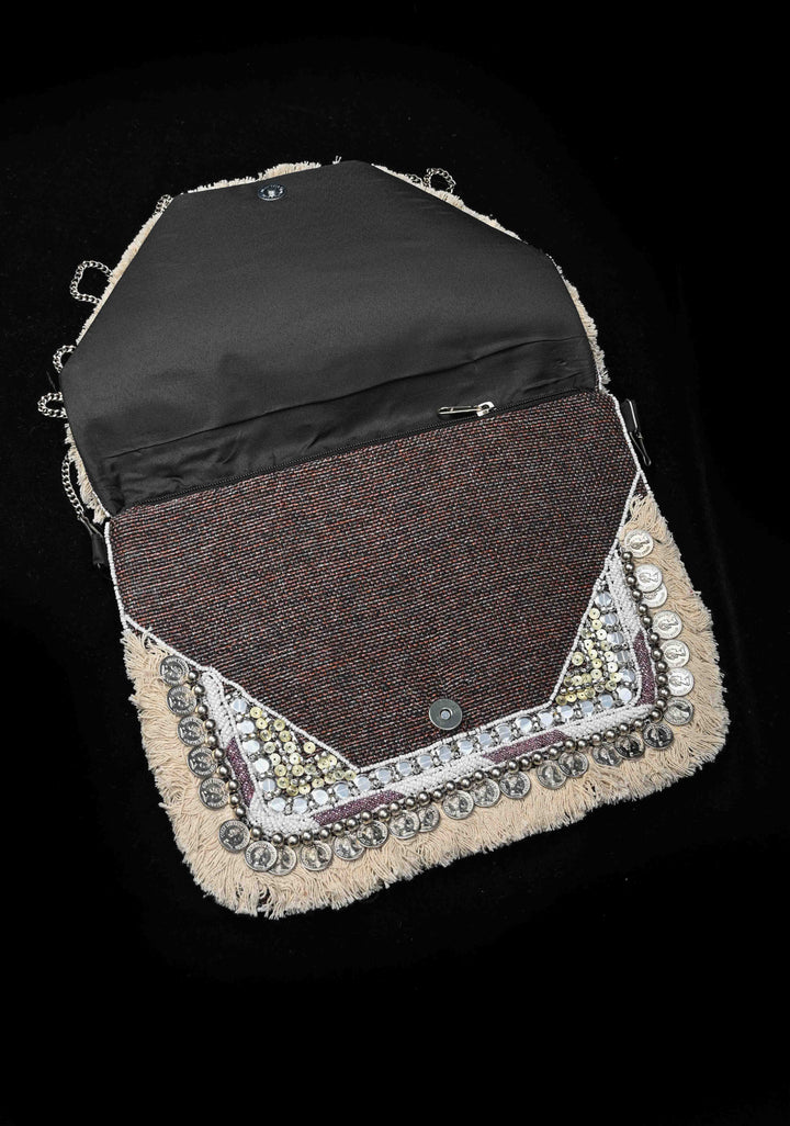 Brown Banjara Boho Sling Bag Geometric Embroidery with Coins Detailing and Tassels
