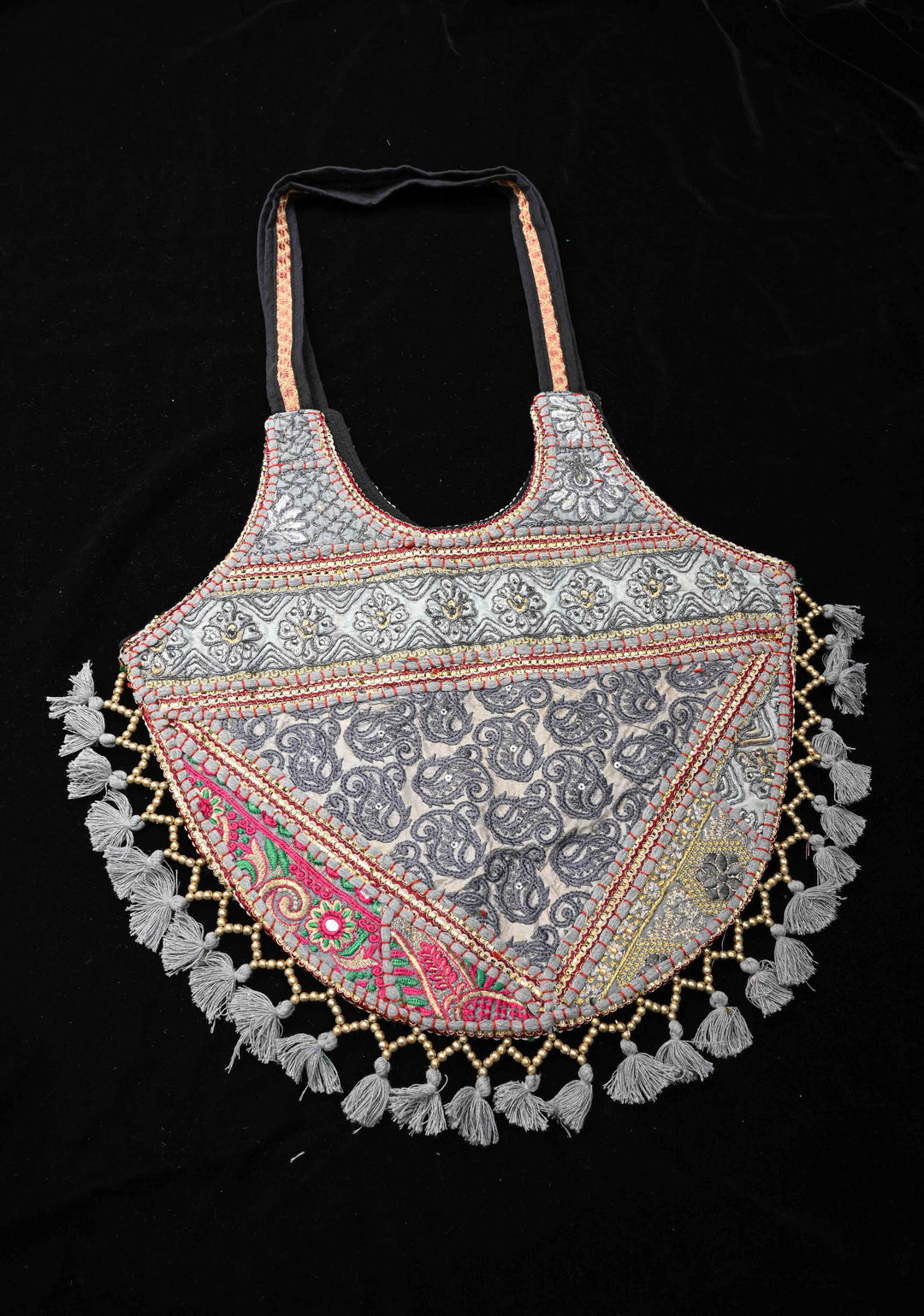 Stylish Embroidered Ladies Tote Bag in Gray with tassels