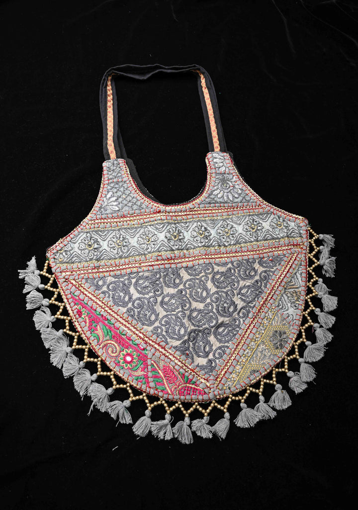 Stylish Embroidered Ladies Tote Bag in Gray with tassels
