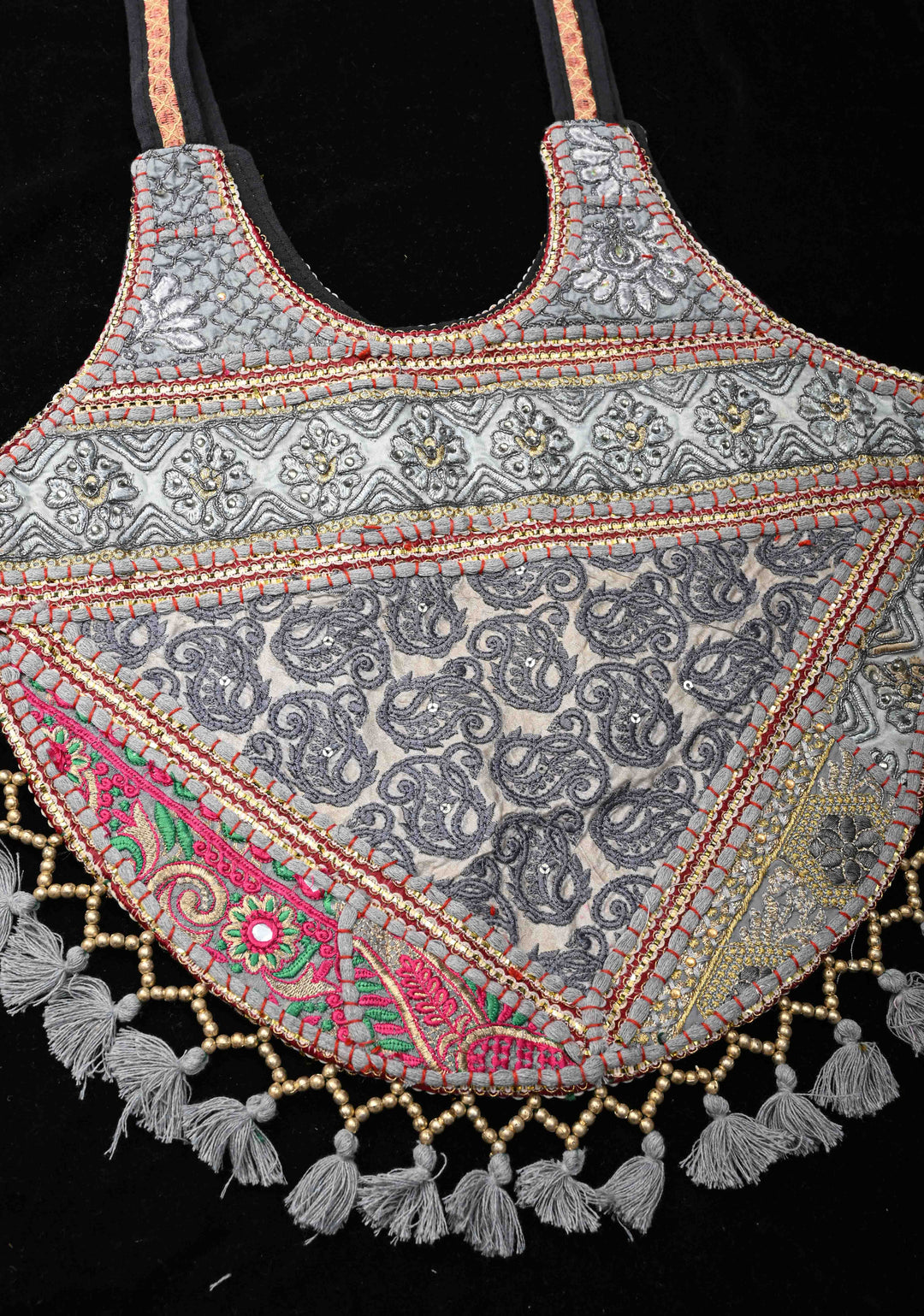 Stylish Embroidered Ladies Tote Bag in Gray with tassels