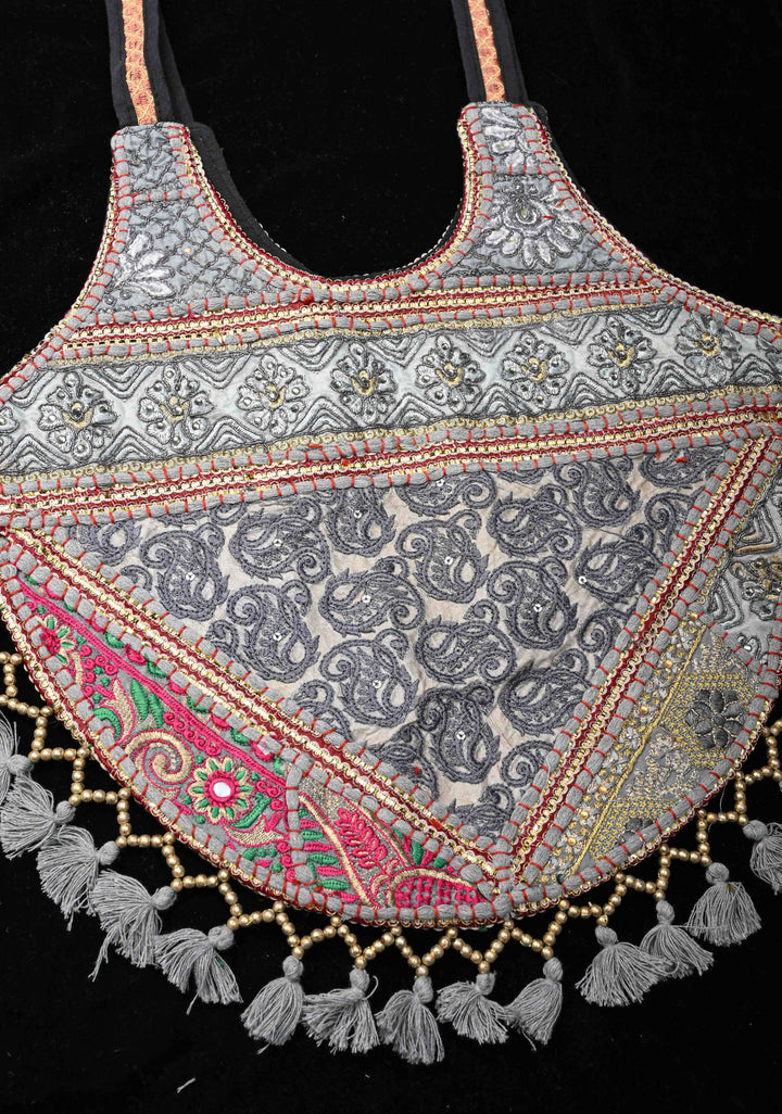Stylish Embroidered Ladies Tote Bag in Gray with tassels