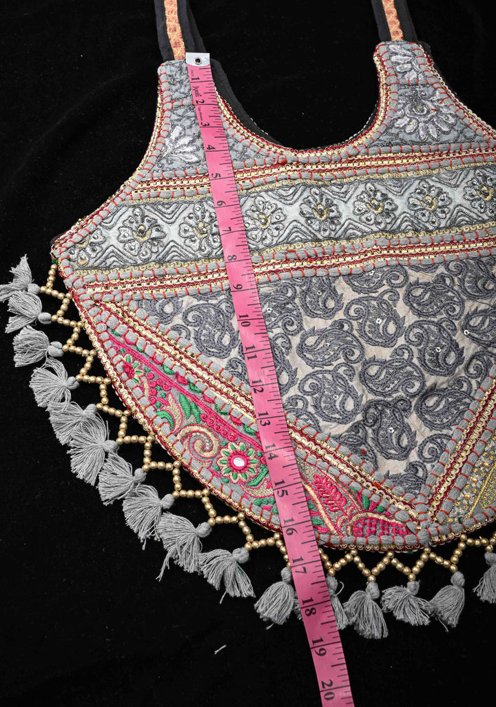 Stylish Embroidered Ladies Tote Bag in Gray with tassels