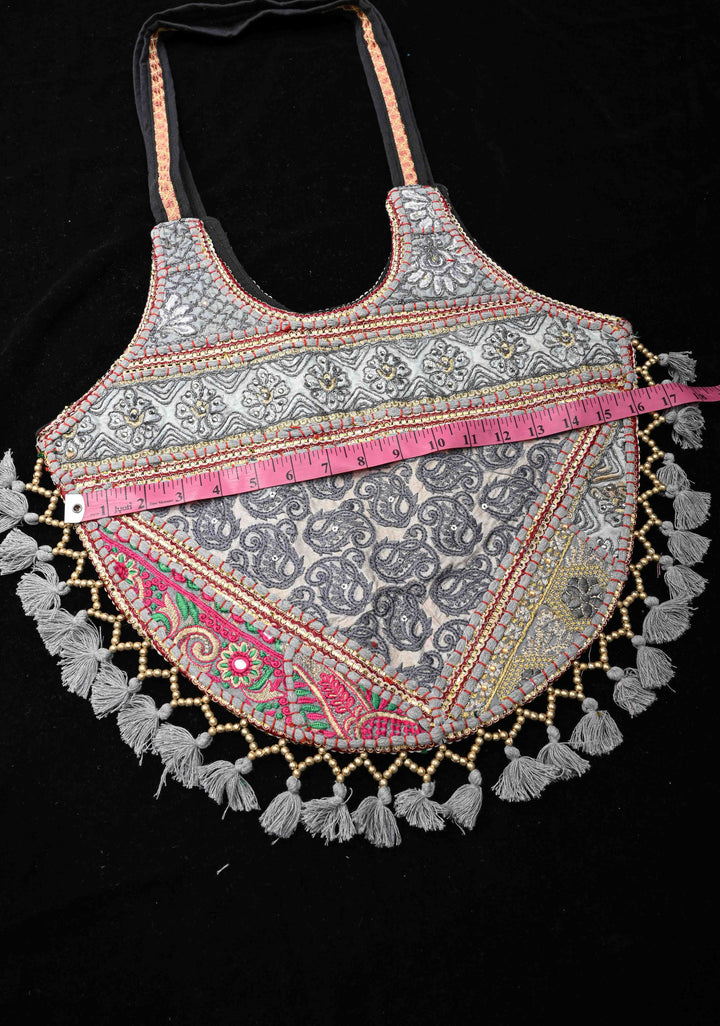 Stylish Embroidered Ladies Tote Bag in Gray with tassels