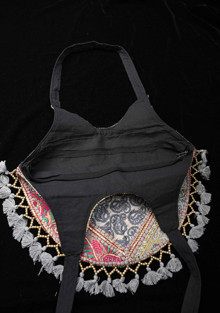 Stylish Embroidered Ladies Tote Bag in Gray with tassels