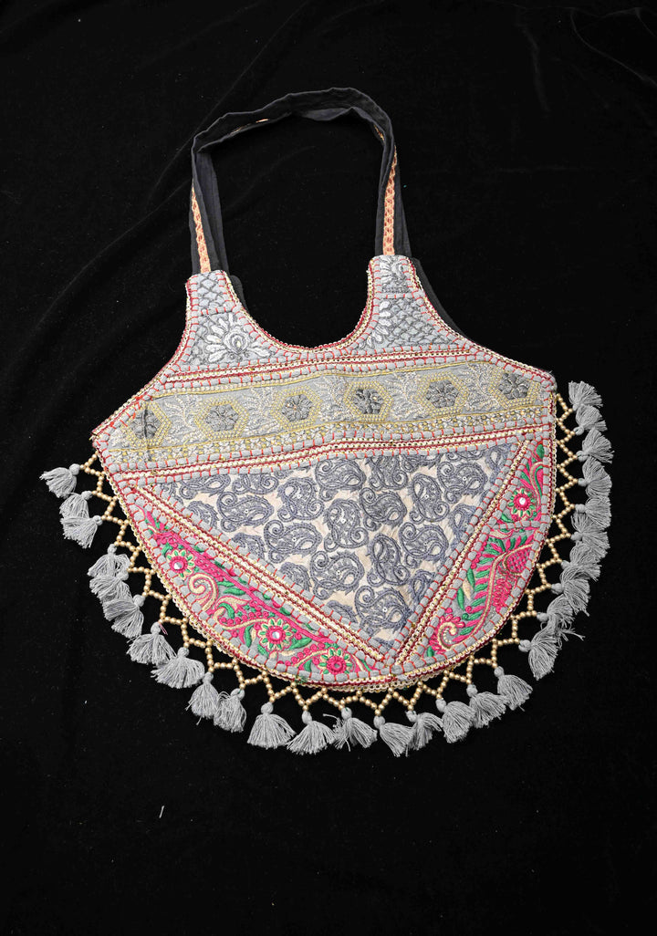 Stylish Embroidered Ladies Tote Bag in Gray with tassels