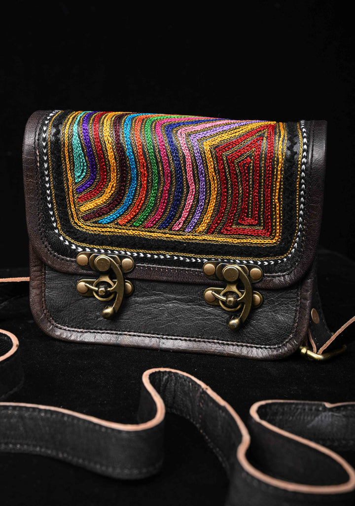 Hand-Crafted And Embroidery Leather double buckle black Sling Bag