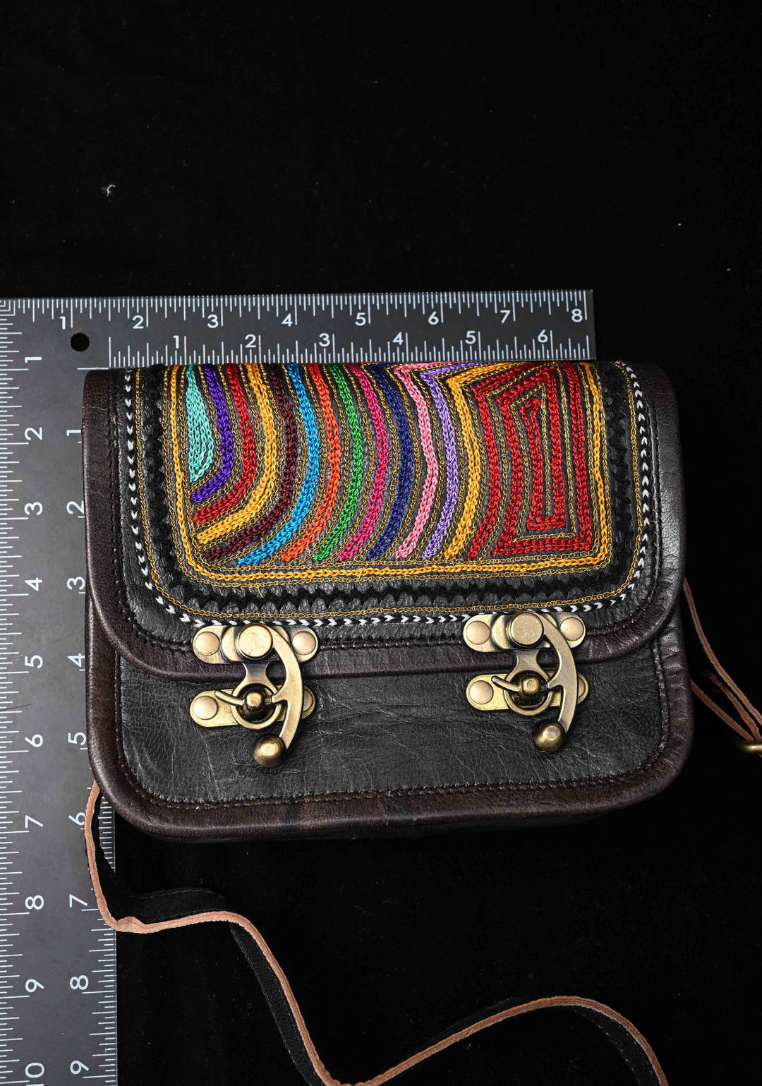 Hand-Crafted And Embroidery Leather double buckle black Sling Bag