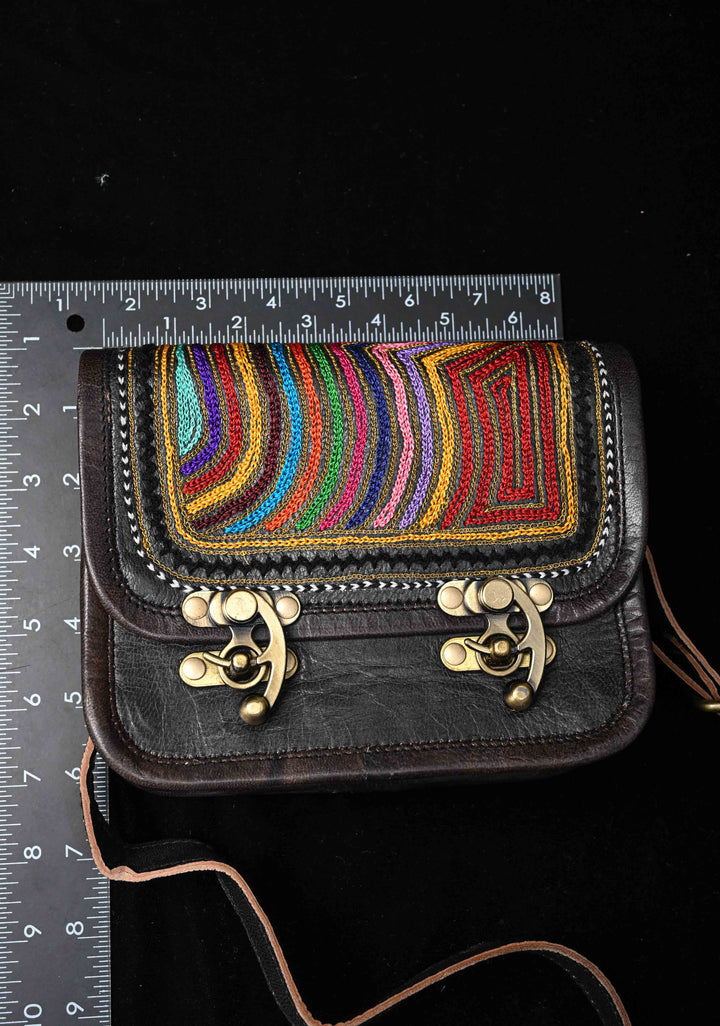 Hand-Crafted And Embroidery Leather double buckle black Sling Bag
