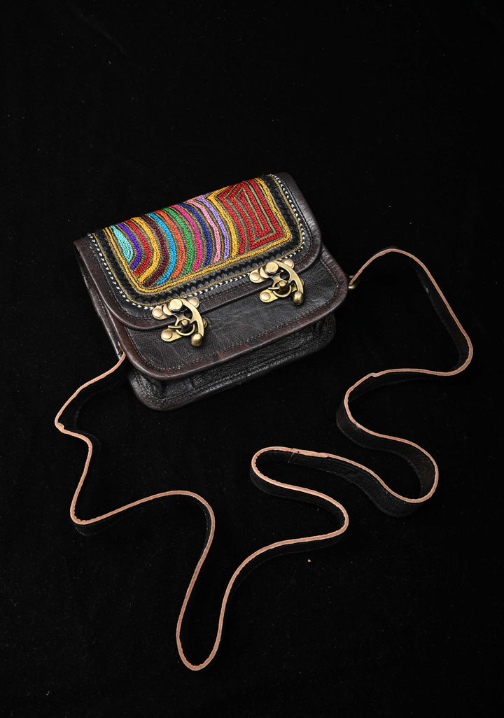 Hand-Crafted And Embroidery Leather double buckle black Sling Bag