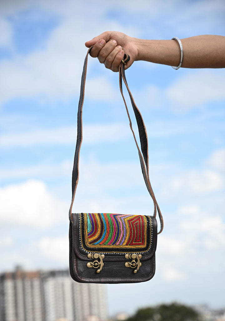 Hand-Crafted And Embroidery Leather double buckle black Sling Bag
