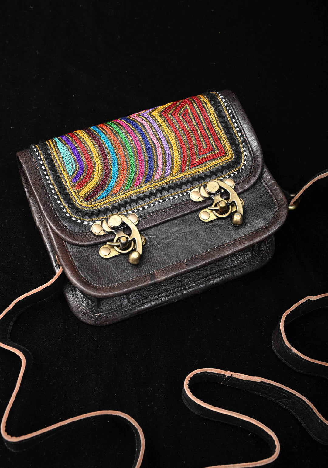 Hand-Crafted And Embroidery Leather double buckle black Sling Bag