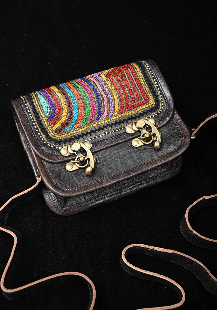 Hand-Crafted And Embroidery Leather double buckle black Sling Bag