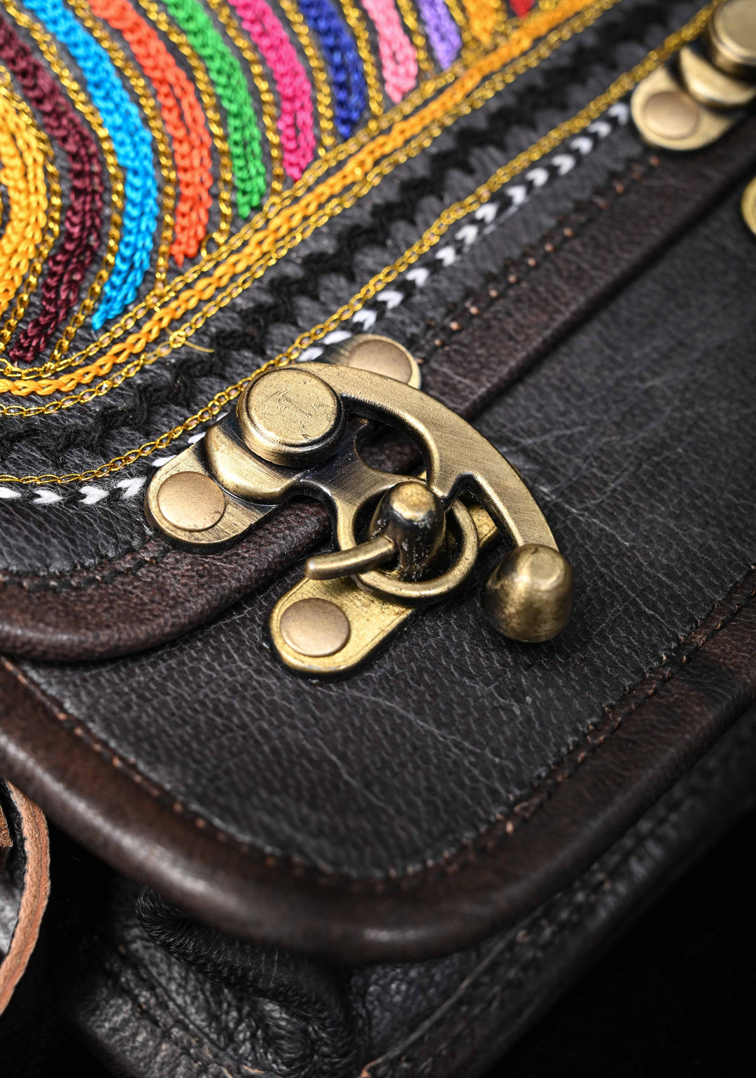 Hand-Crafted And Embroidery Leather double buckle black Sling Bag