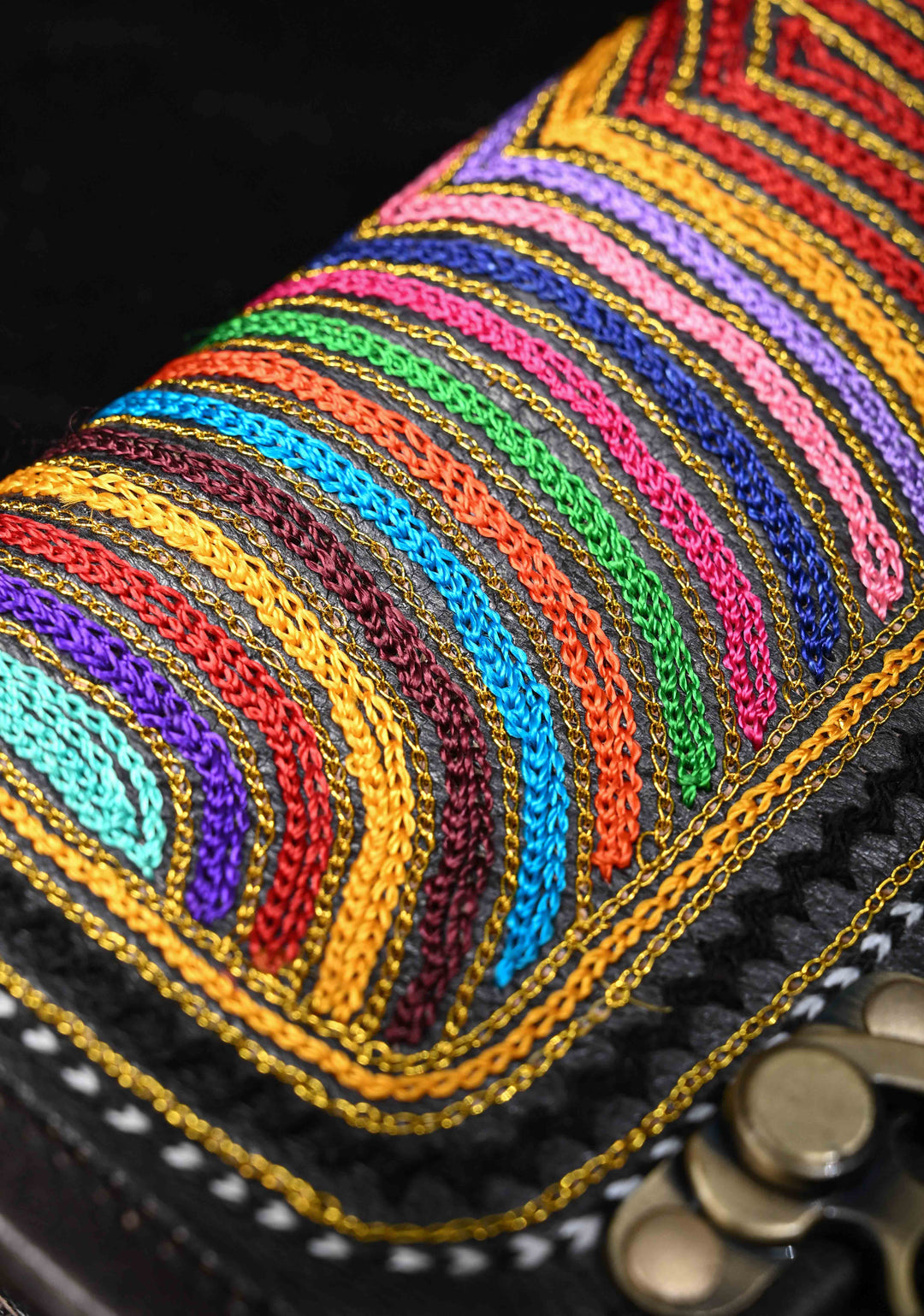 Hand-Crafted And Embroidery Leather double buckle black Sling Bag