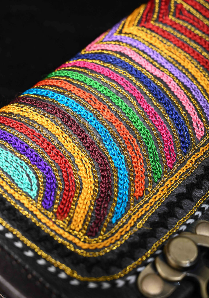 Hand-Crafted And Embroidery Leather double buckle black Sling Bag