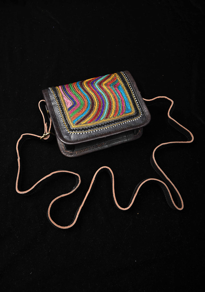 Hand-Crafted And Embroidery Leather double buckle black Sling Bag