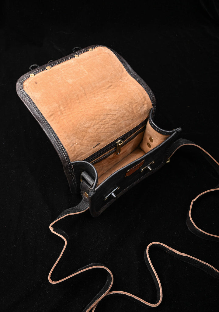 Hand-Crafted And Embroidery Leather double buckle black Sling Bag