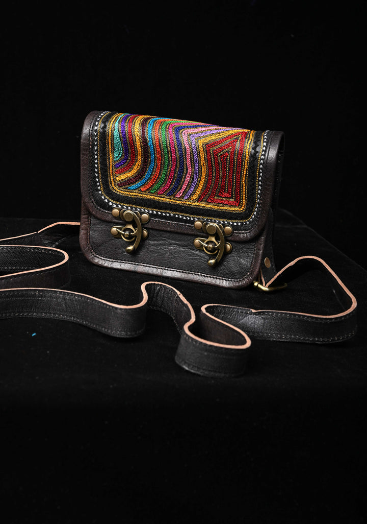 Hand-Crafted And Embroidery Leather double buckle black Sling Bag