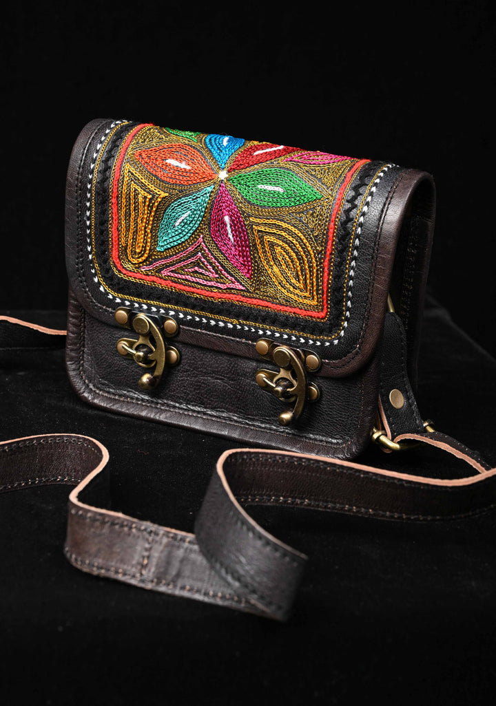 Leather double buckle black Sling Bag With Hand-Crafted And Embroidery