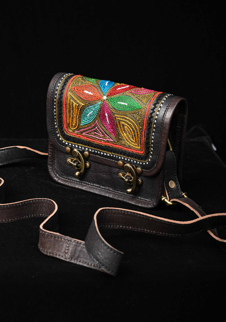 Leather double buckle black Sling Bag With Hand-Crafted And Embroidery