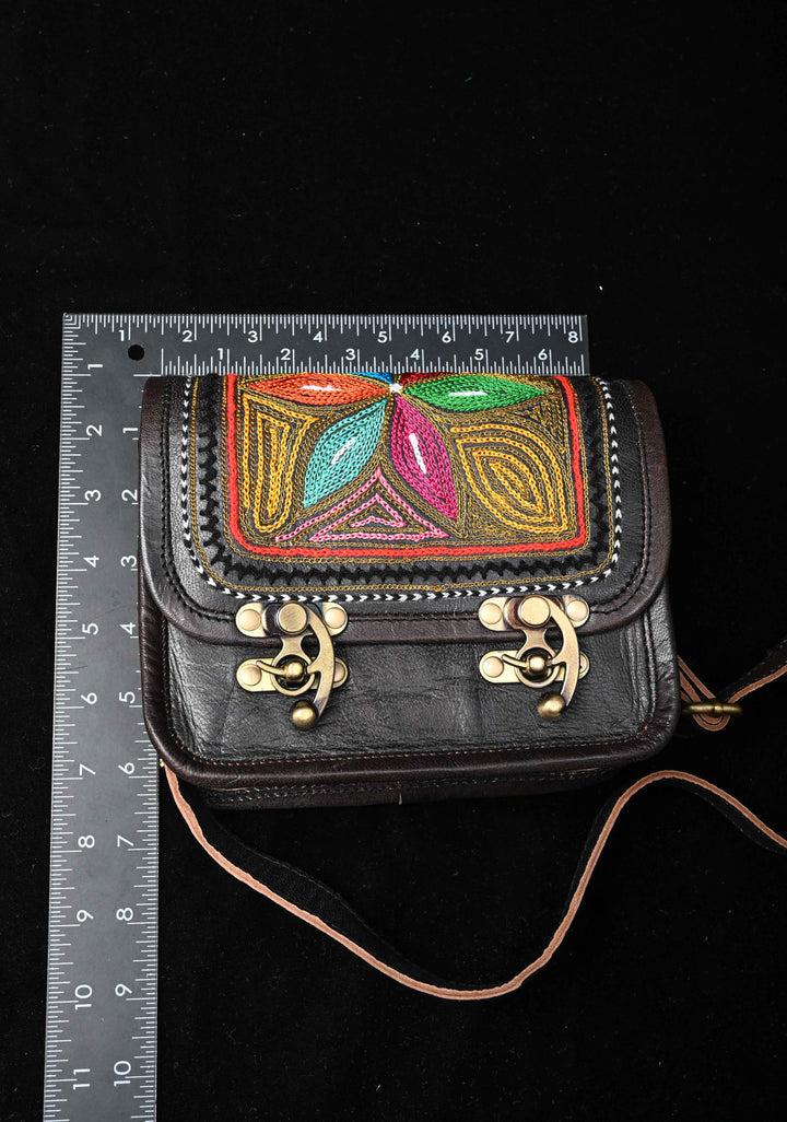 Leather double buckle black Sling Bag With Hand-Crafted And Embroidery