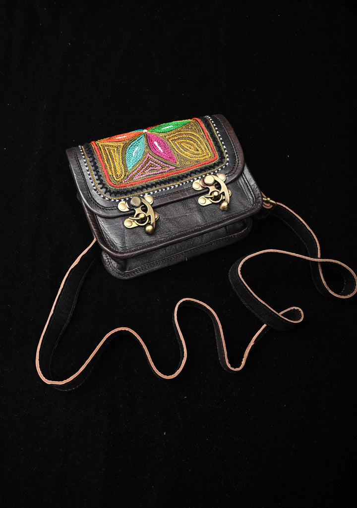 Leather double buckle black Sling Bag With Hand-Crafted And Embroidery