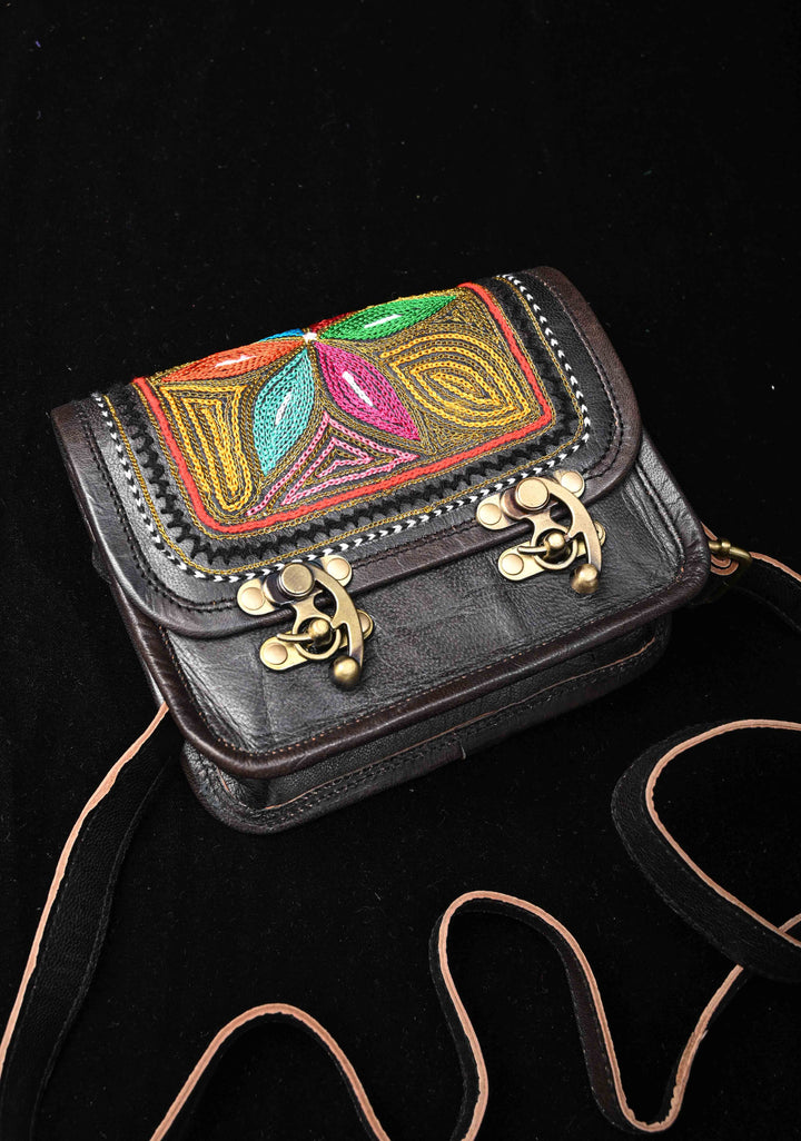 Leather double buckle black Sling Bag With Hand-Crafted And Embroidery