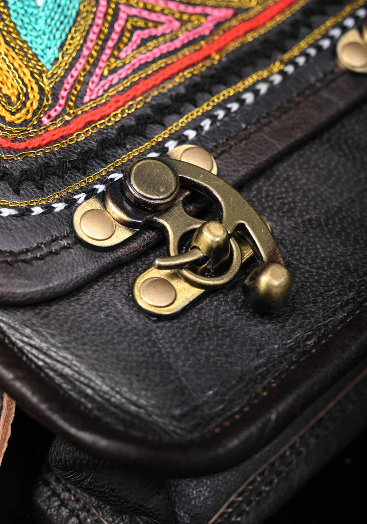 Leather double buckle black Sling Bag With Hand-Crafted And Embroidery