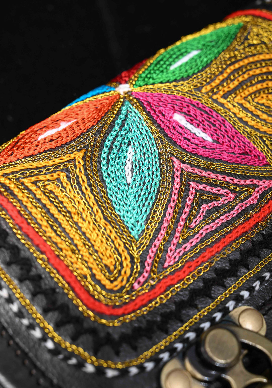 Leather double buckle black Sling Bag With Hand-Crafted And Embroidery