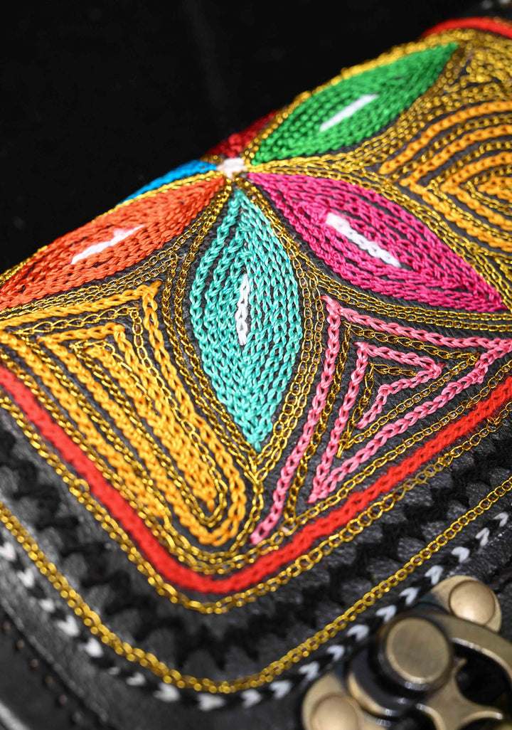 Leather double buckle black Sling Bag With Hand-Crafted And Embroidery