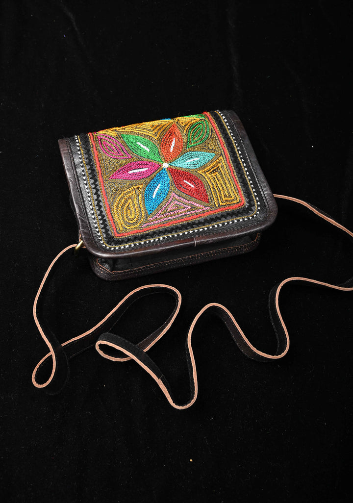Leather double buckle black Sling Bag With Hand-Crafted And Embroidery