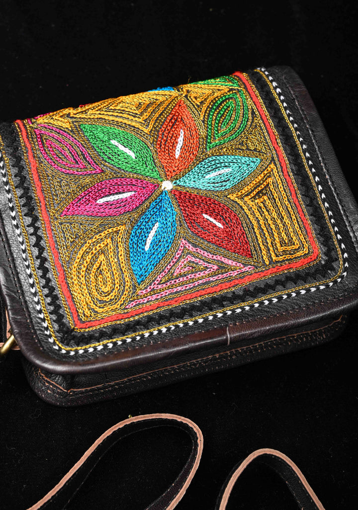 Leather double buckle black Sling Bag With Hand-Crafted And Embroidery