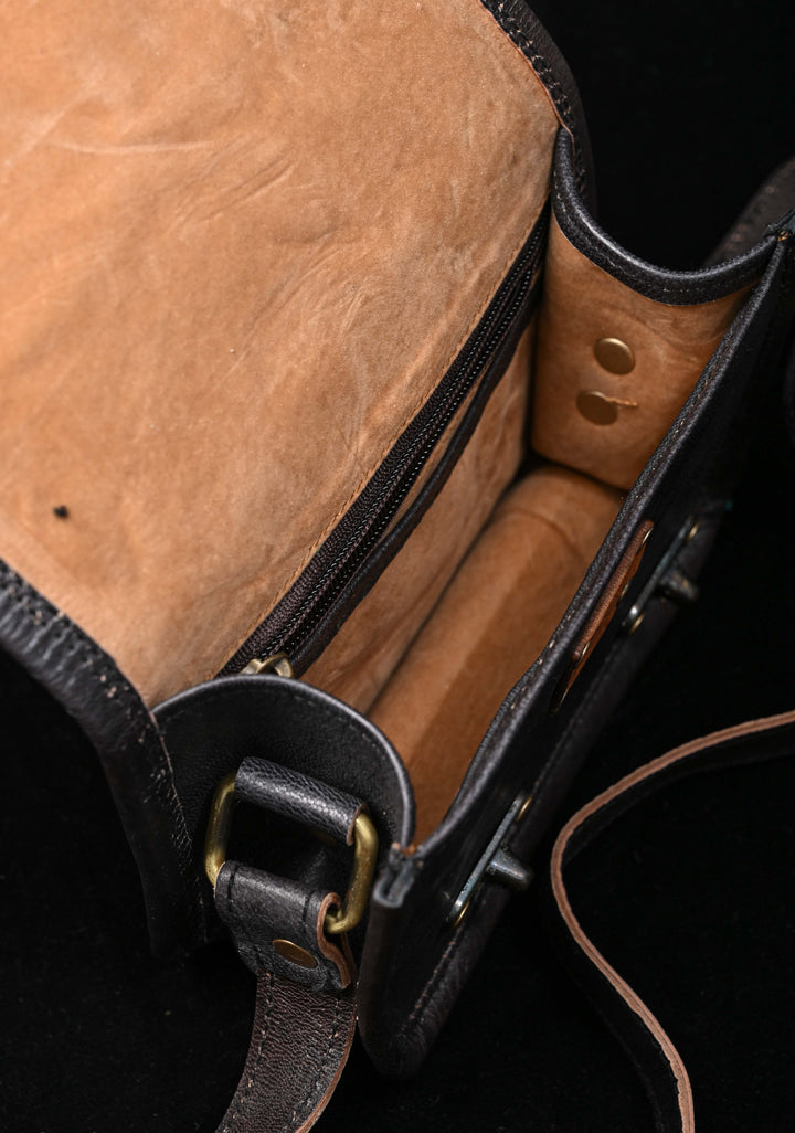 Leather double buckle black Sling Bag With Hand-Crafted And Embroidery