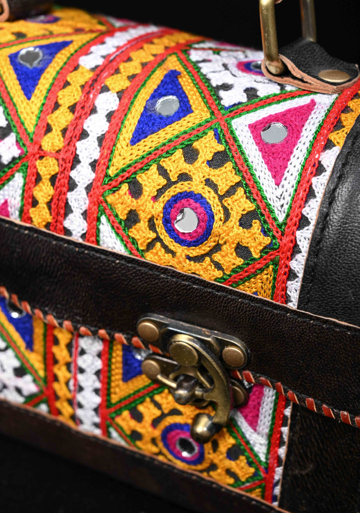 Leather Big Hut black Sling Bag With Hand-Crafted And Embroidery