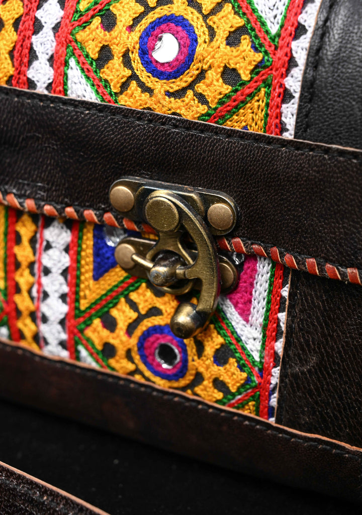 Leather Big Hut black Sling Bag With Hand-Crafted And Embroidery