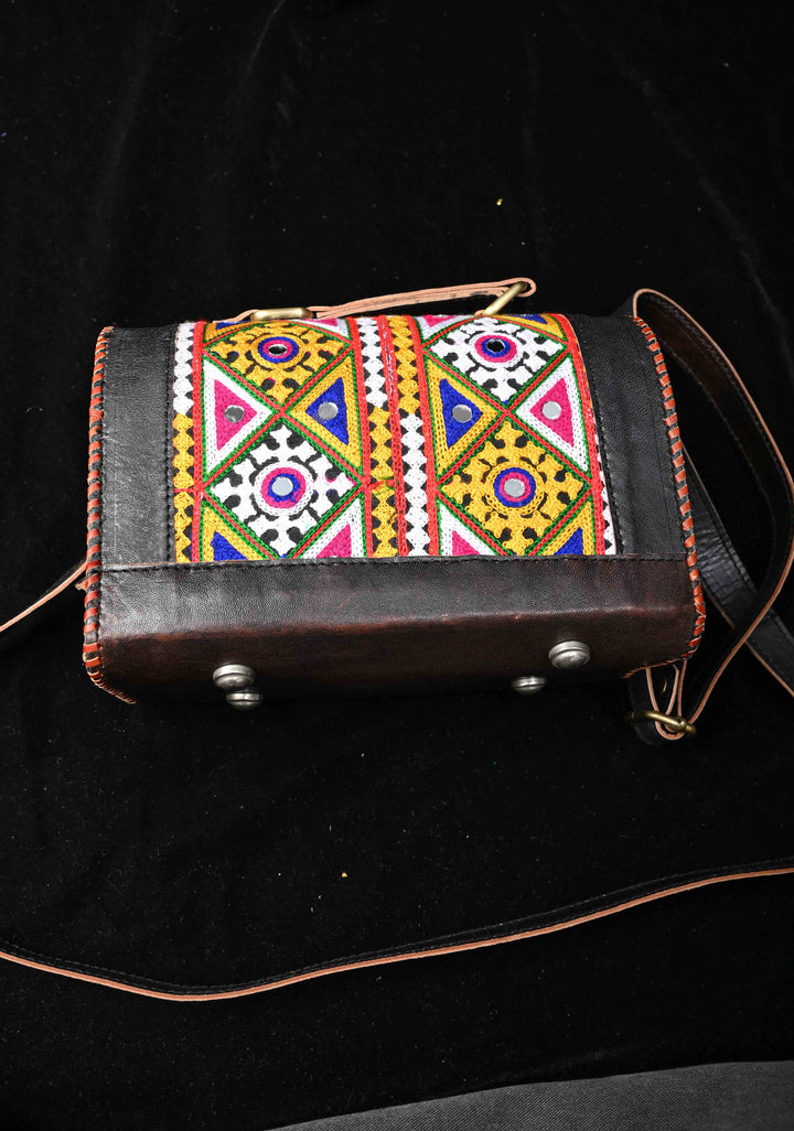 Leather Big Hut black Sling Bag With Hand-Crafted And Embroidery