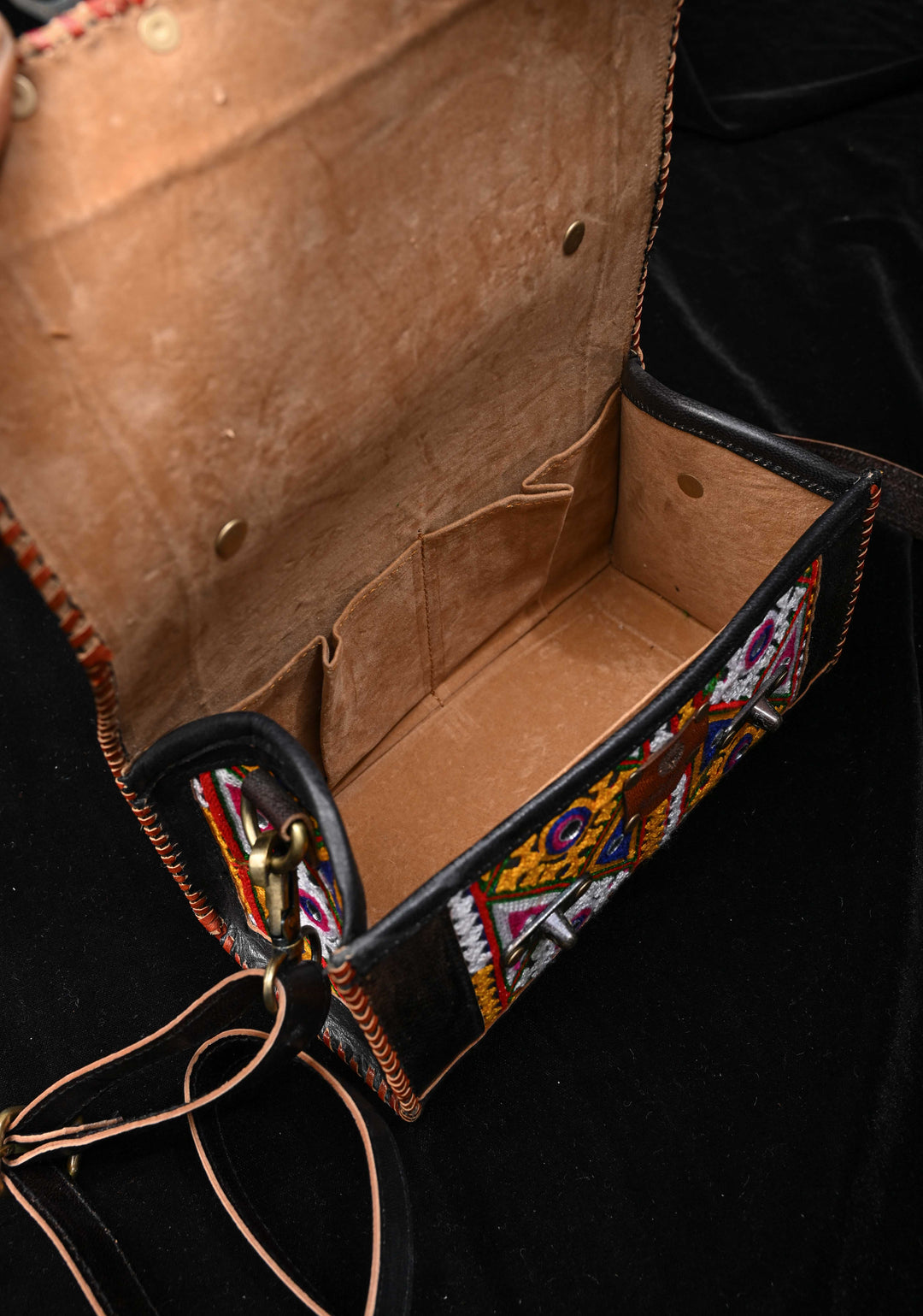 Leather Big Hut black Sling Bag With Hand-Crafted And Embroidery