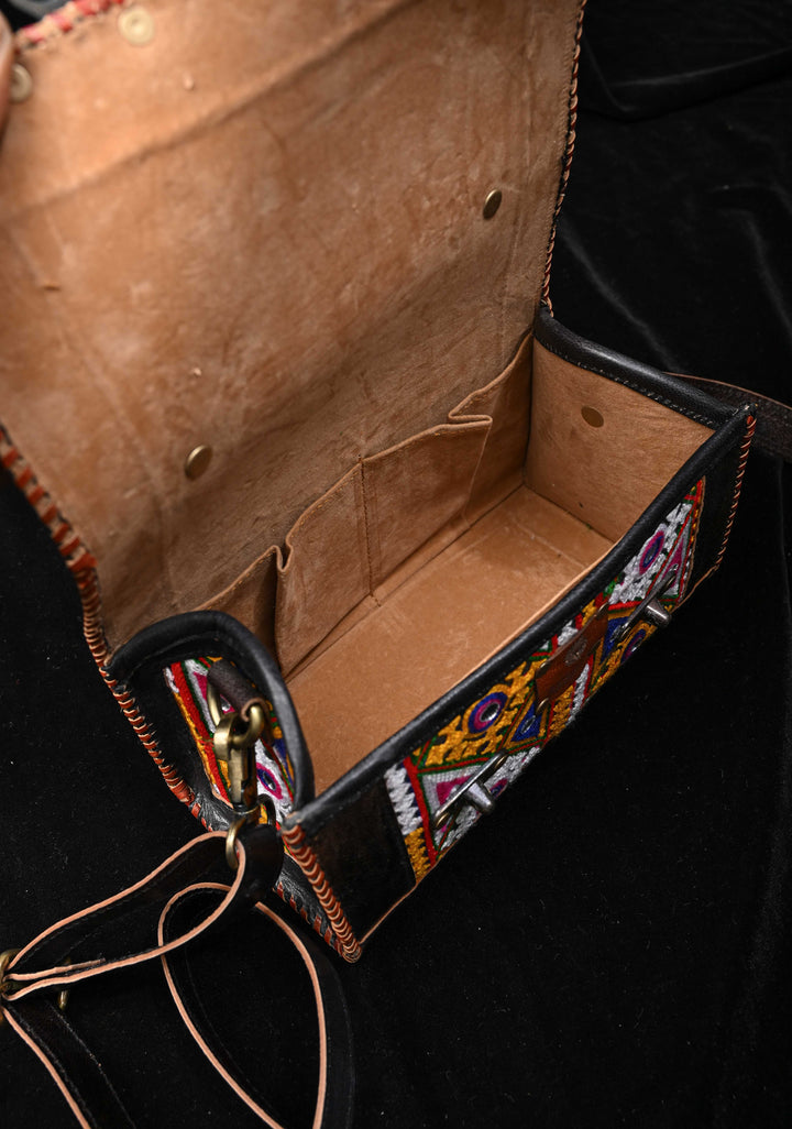 Leather Big Hut black Sling Bag With Hand-Crafted And Embroidery