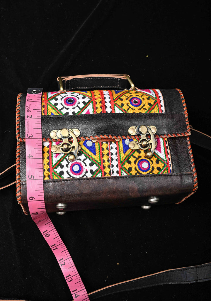 Leather Big Hut black Sling Bag With Hand-Crafted And Embroidery