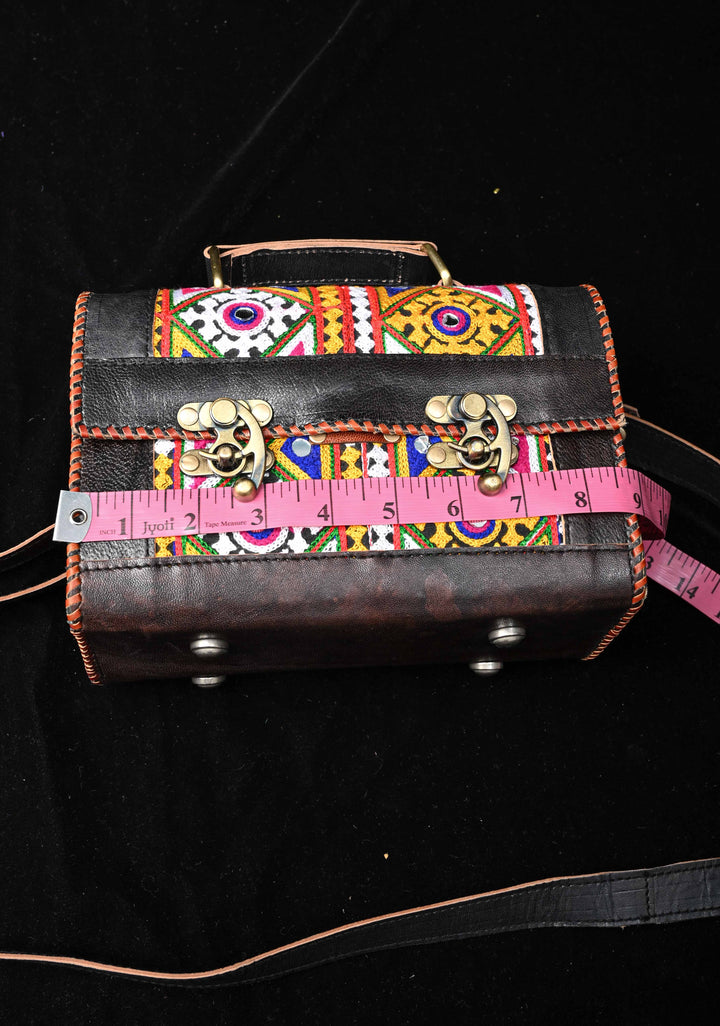 Leather Big Hut black Sling Bag With Hand-Crafted And Embroidery