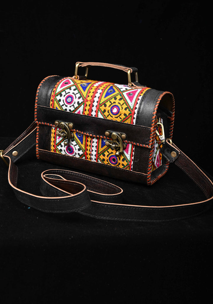 Leather Big Hut black Sling Bag With Hand-Crafted And Embroidery