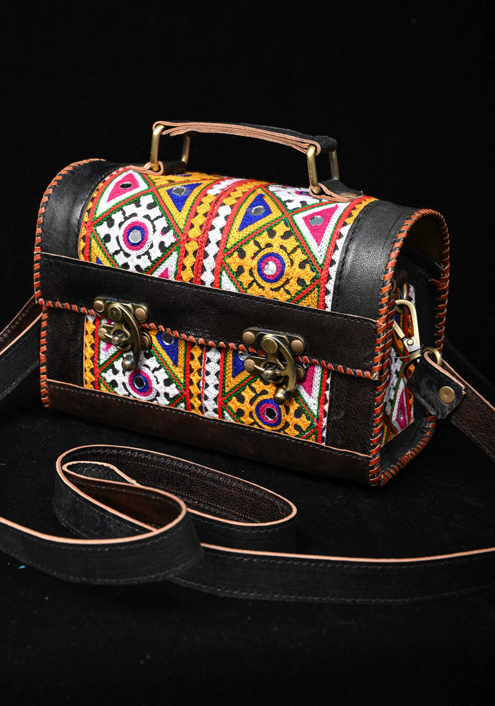 Leather Big Hut black Sling Bag With Hand-Crafted And Embroidery