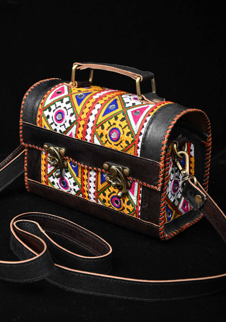 Leather Big Hut black Sling Bag With Hand-Crafted And Embroidery