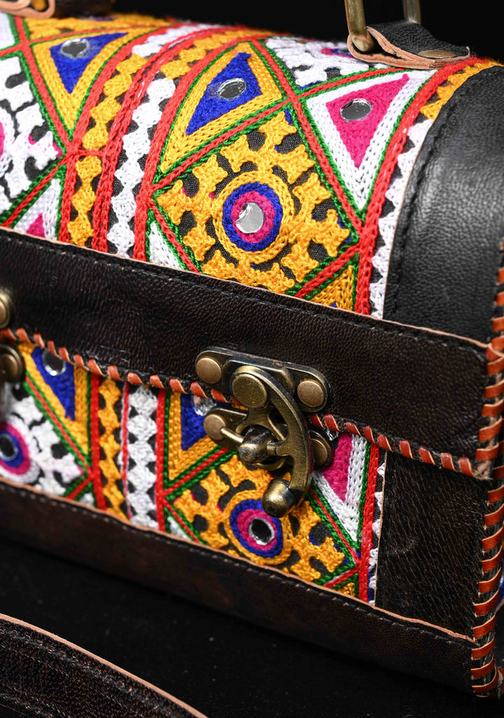 Leather Big Hut black Sling Bag With Hand-Crafted And Embroidery