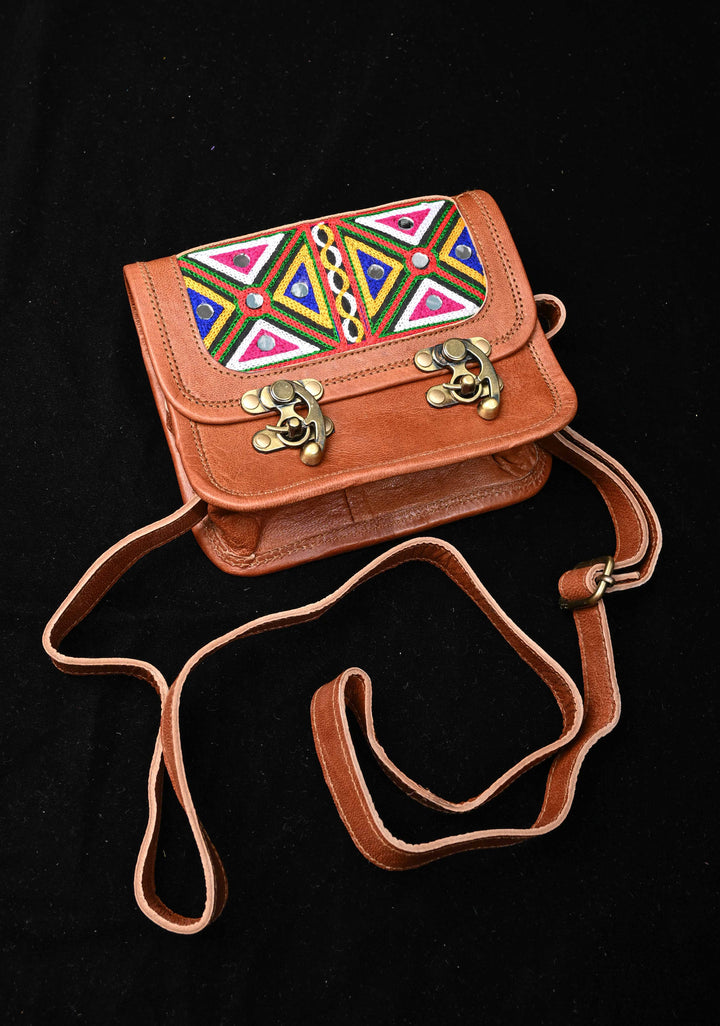 Brown Hand-Crafted And Embroidery Leather Sling Bag