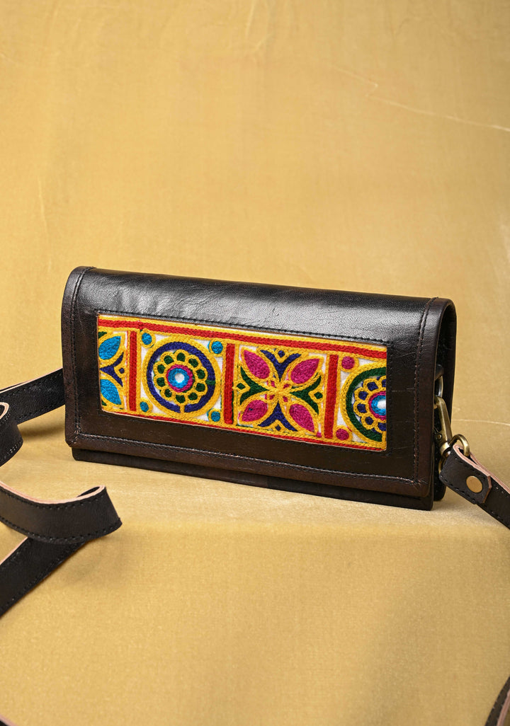 Black Hand-Crafted And Embroidery Leather Sling Bag