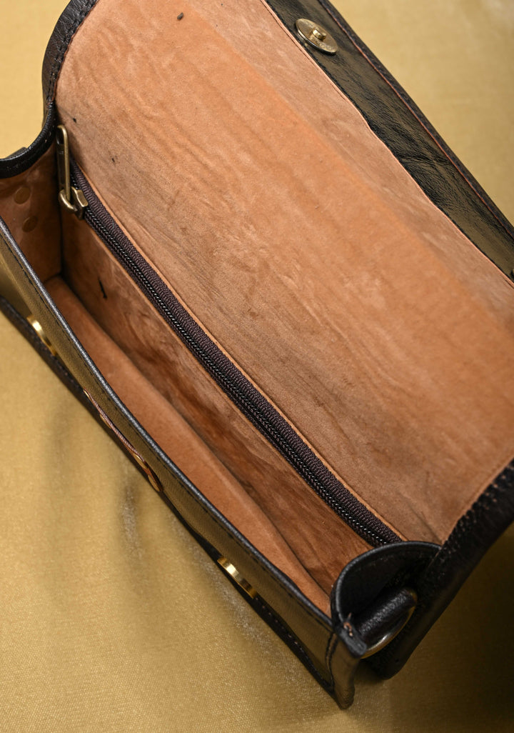 Black Hand-Crafted And Embroidery Leather Sling Bag